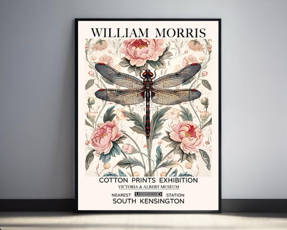William Morris Dragonfly Print Pink White Vintage Flower Print Vibrant Dragonfly Exhibition Poster Living Room Print Classic Textile Print