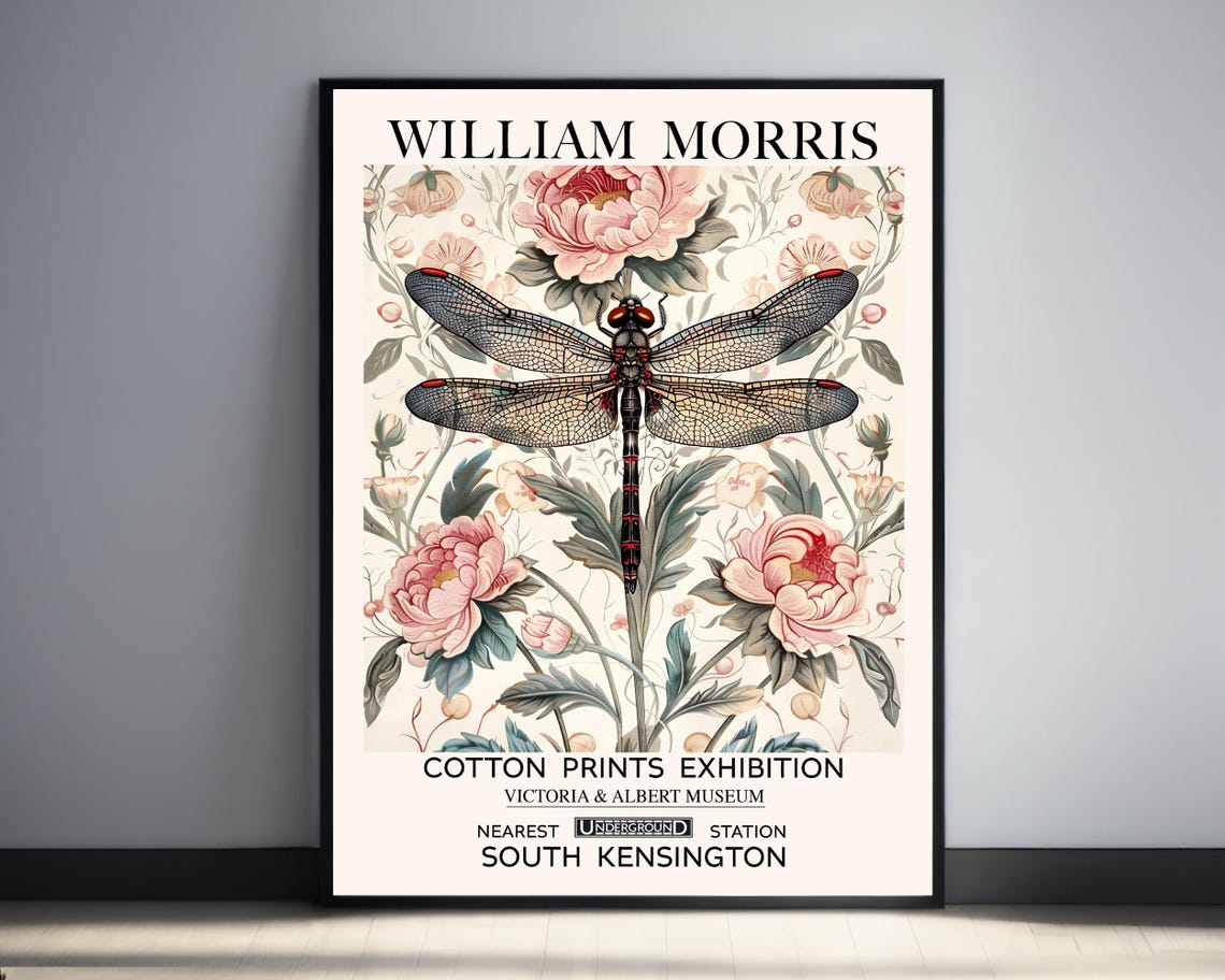 William Morris Delicate Dragonfly Among Pink Peonies Exhibition Poster