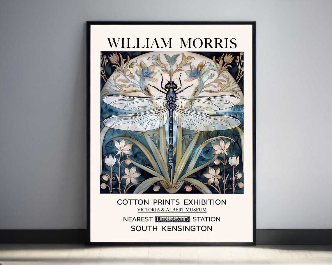 William Morris Dragonfly Print, Vintage Textile Art Print