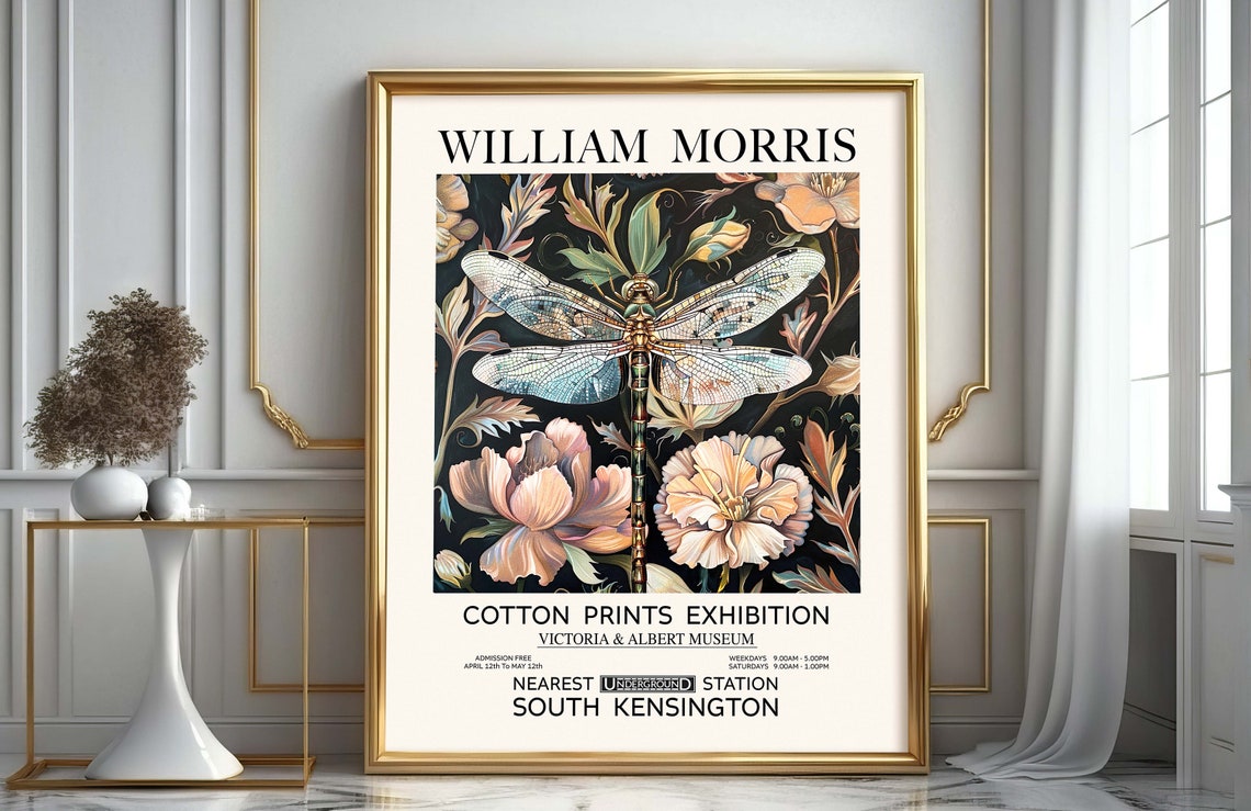 William Morris Dragonfly Pink Peony on Black Exhibition Poster