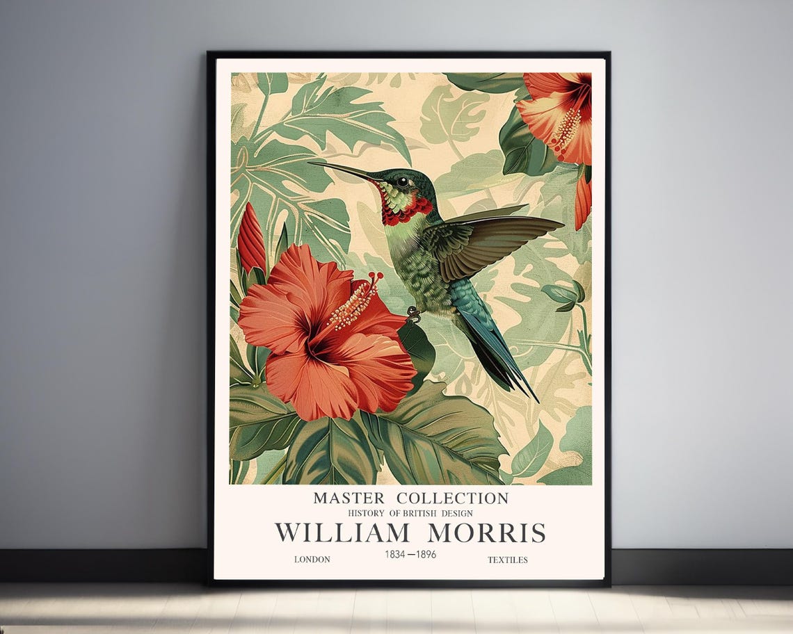 William Morris Hummingbird With Red Hibiscus Exhibition Art Poster