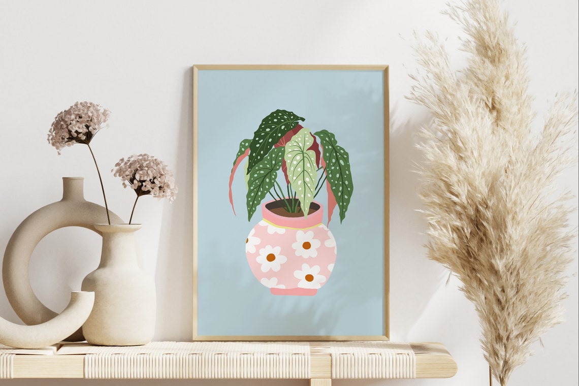 Polka Dot Tropical Plant Pink Daisy Pot Pastel Botanical Poster