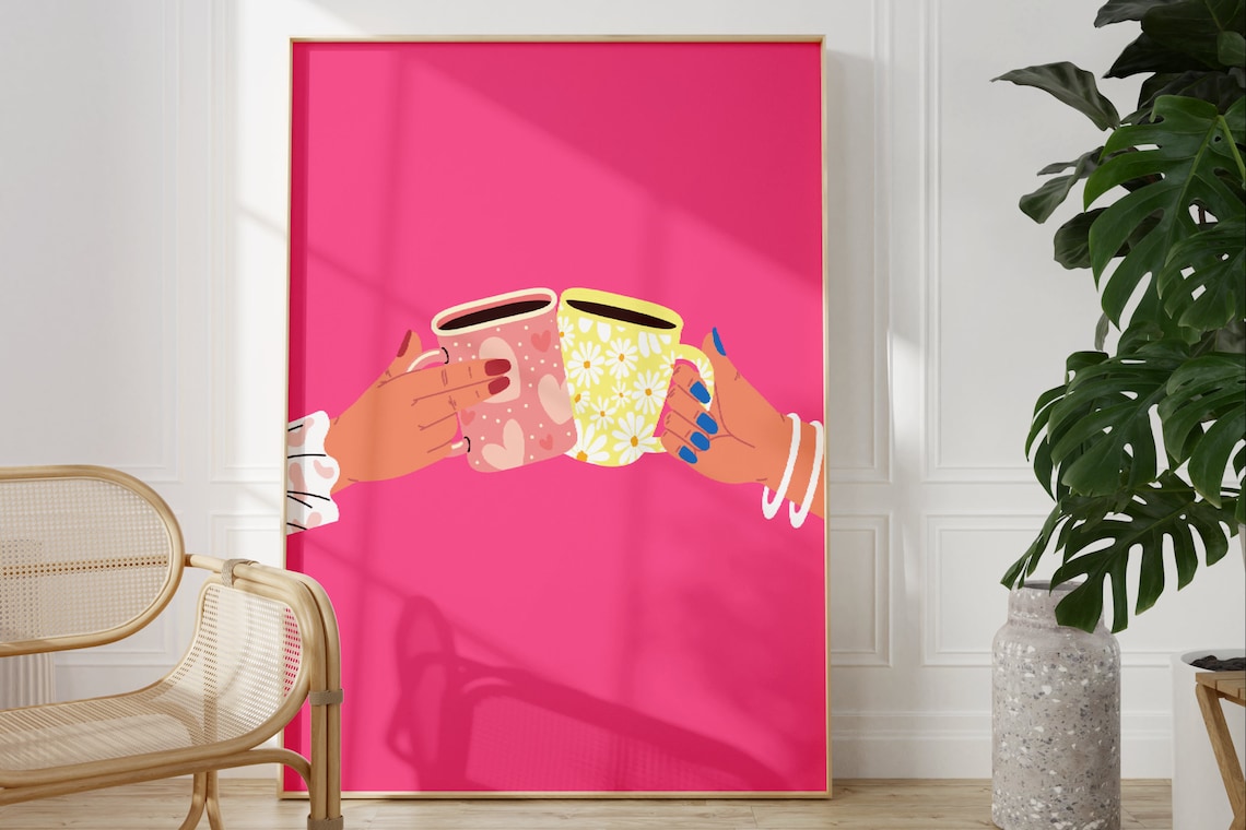 Pink Coffee Kitchen Art Print, Fun Colourful Decor
