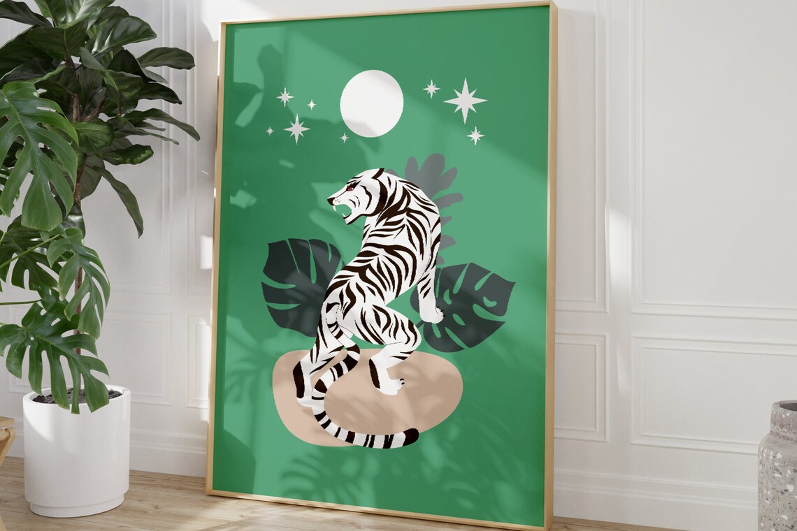 White Tiger Botanical Art Print, Boho Eclectic Style