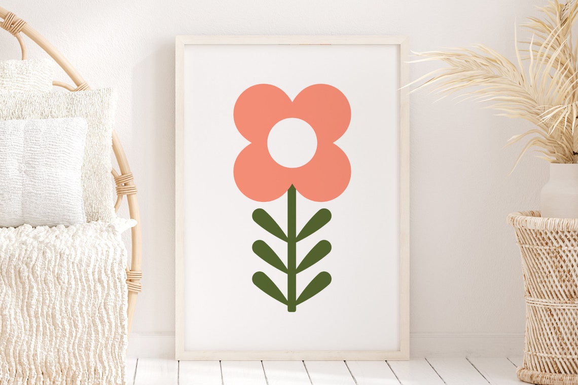 Coral Retro Flower Mid Century Modern Botanical Bloom Wall Art