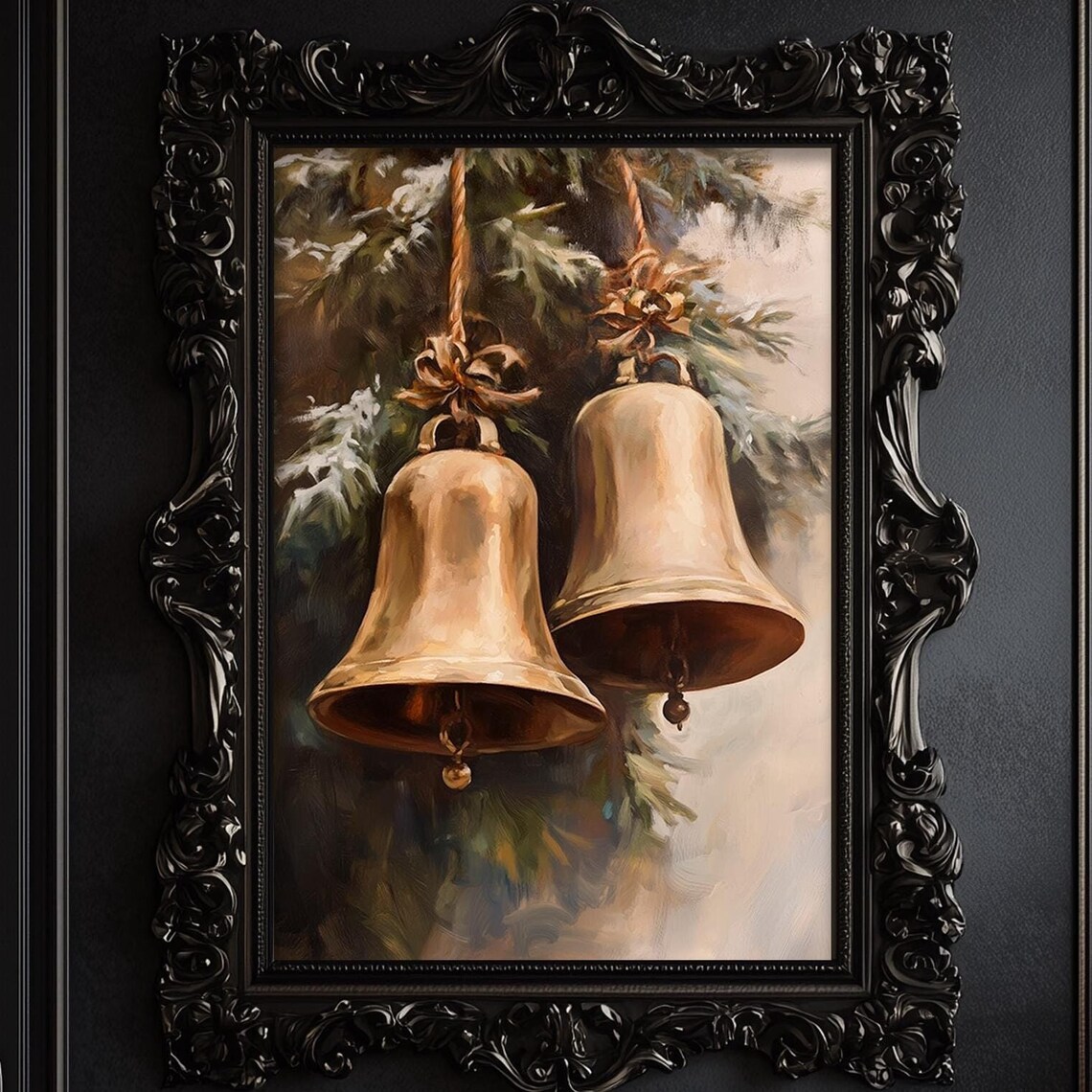 Vintage Christmas Jingle Bells Print Christmas Brass Bells Wall Art Holiday Decor Oil Painting Print Winter Print Dark Academia 6 Xms055