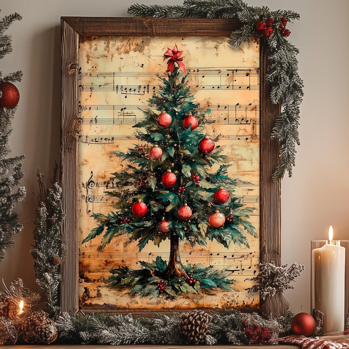 Vintage Sheet Music Christmas Tree Art Print, Hymns