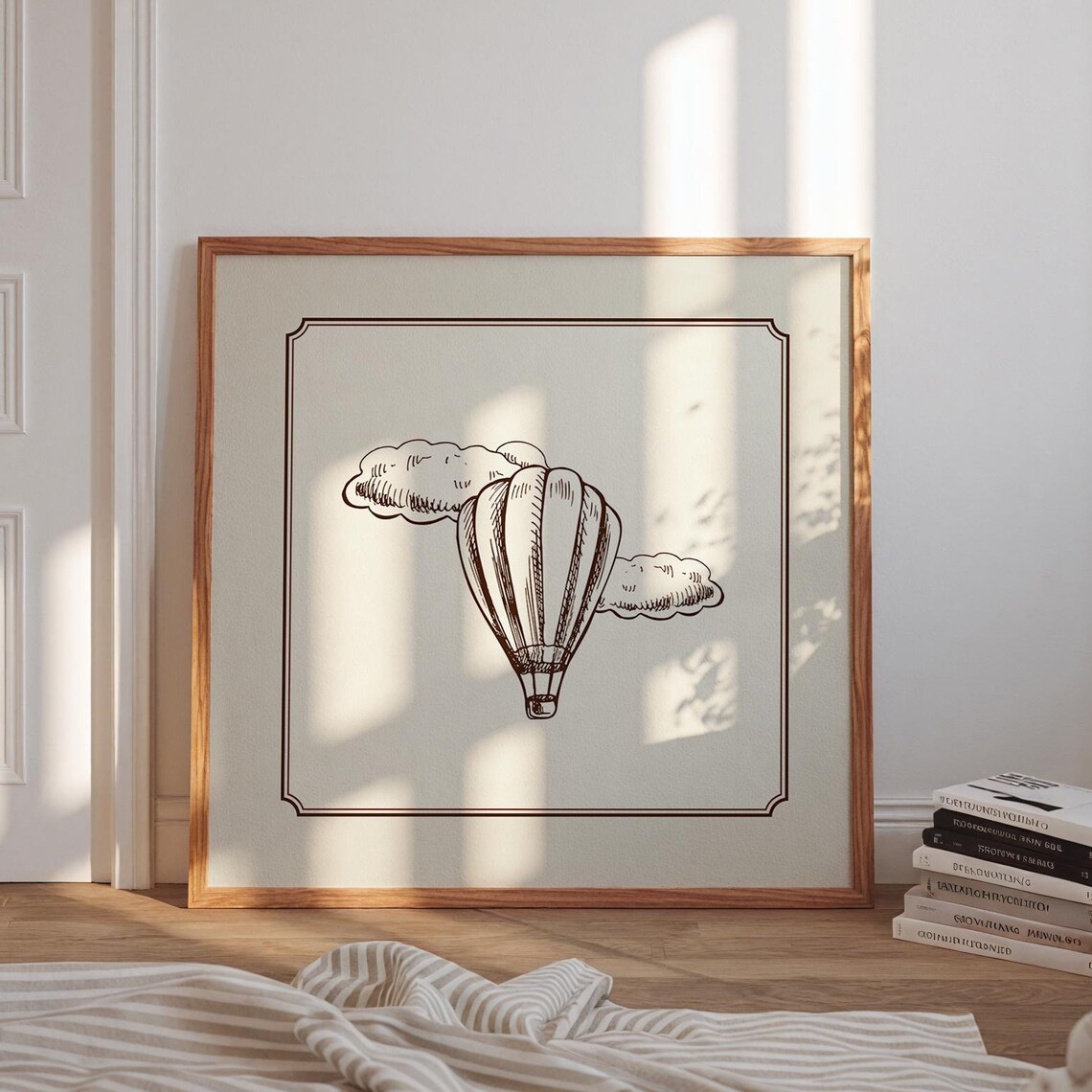 Cream Minimal Hot Air Balloon Sketch Clouds Vintage Nursery Poster