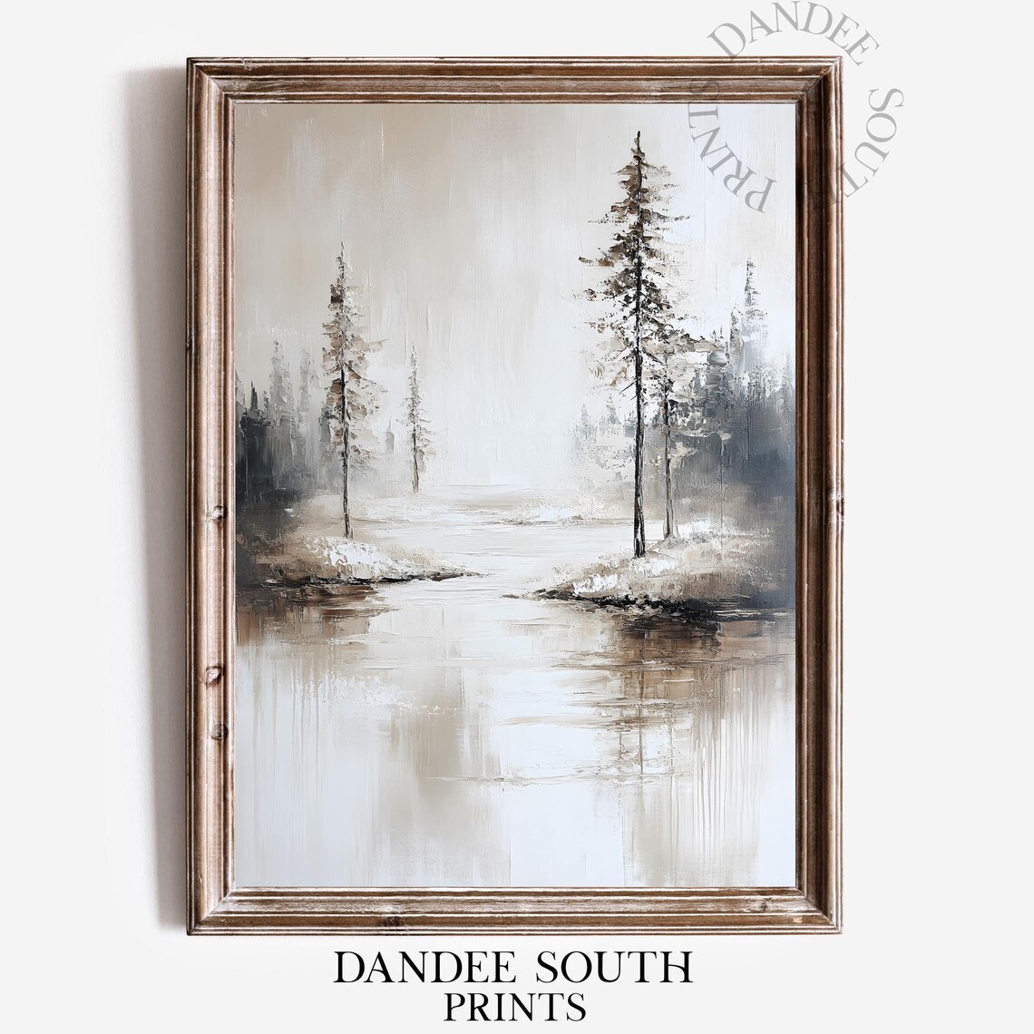 Neutral Misty Lake Tall Pines Minimalist Landscape Painting Poster