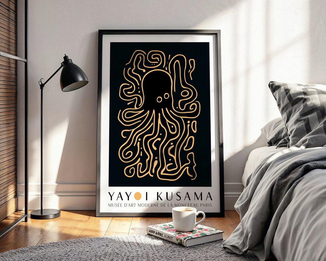 Golden Line Art Octopus With Tentacles On Black Kusama Museum Poster - Image 2