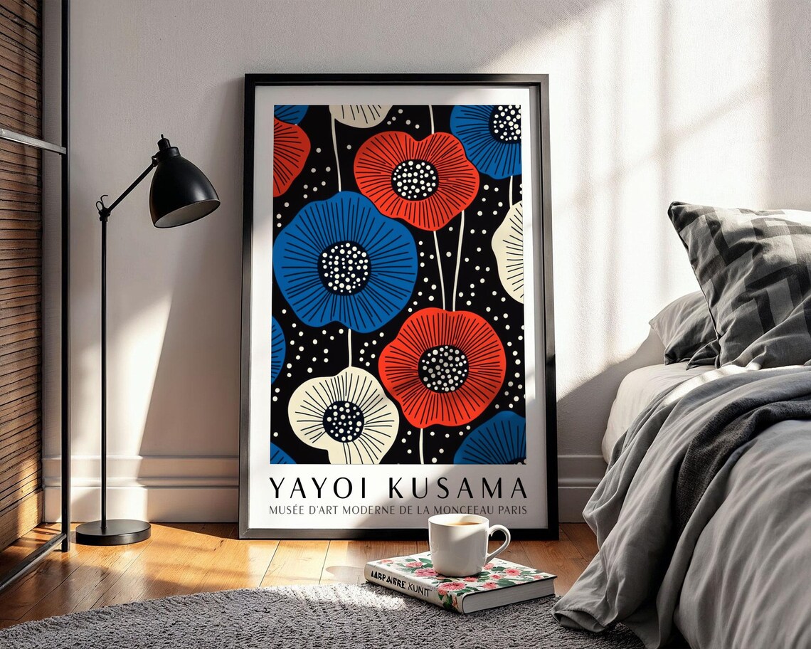 Yayoi Kusama Red and Blue Poppy Pattern on Black Museum Poster - Image 2