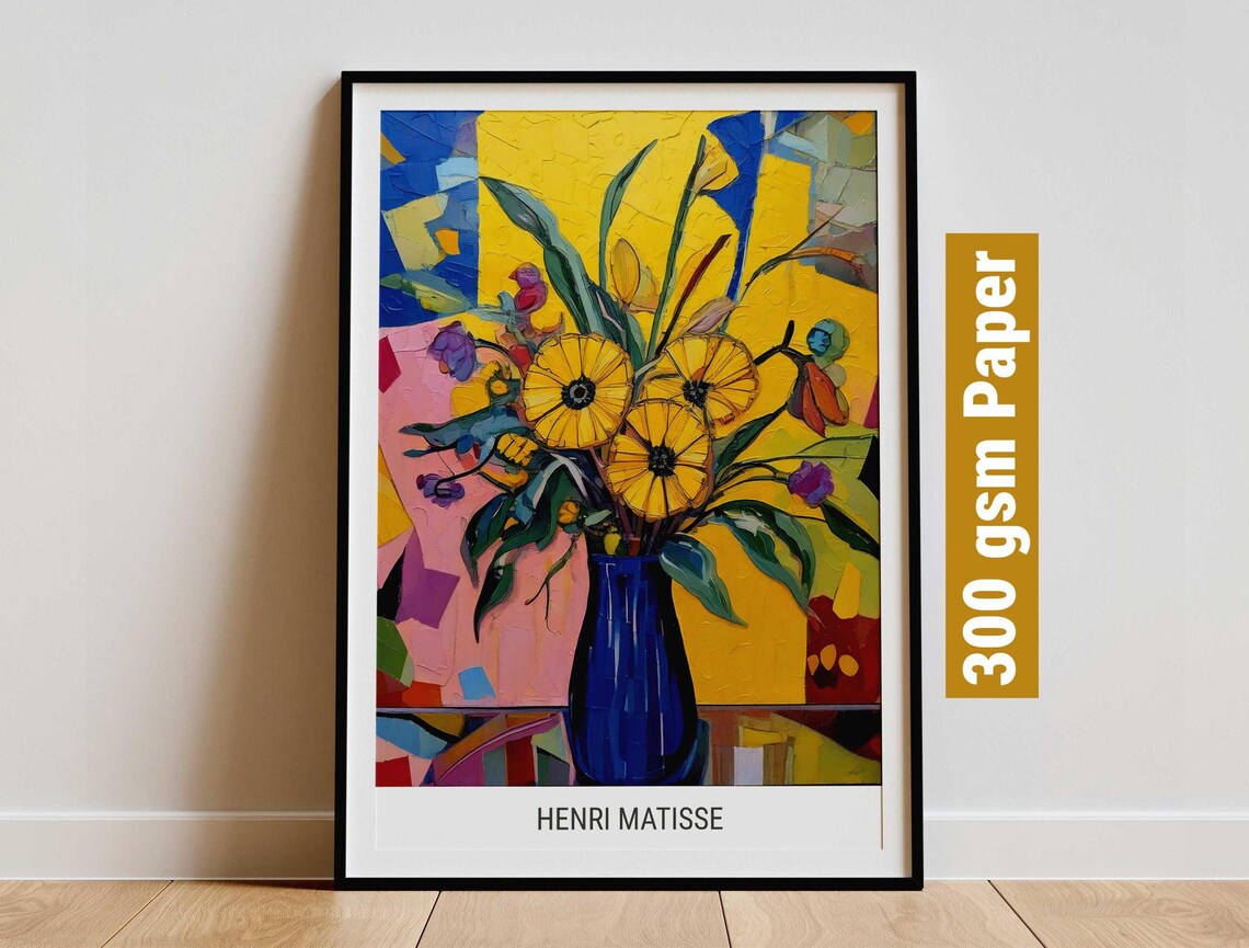 Bright Matisse Style Sunflower Bouquet in a Blue Vase Art Poster