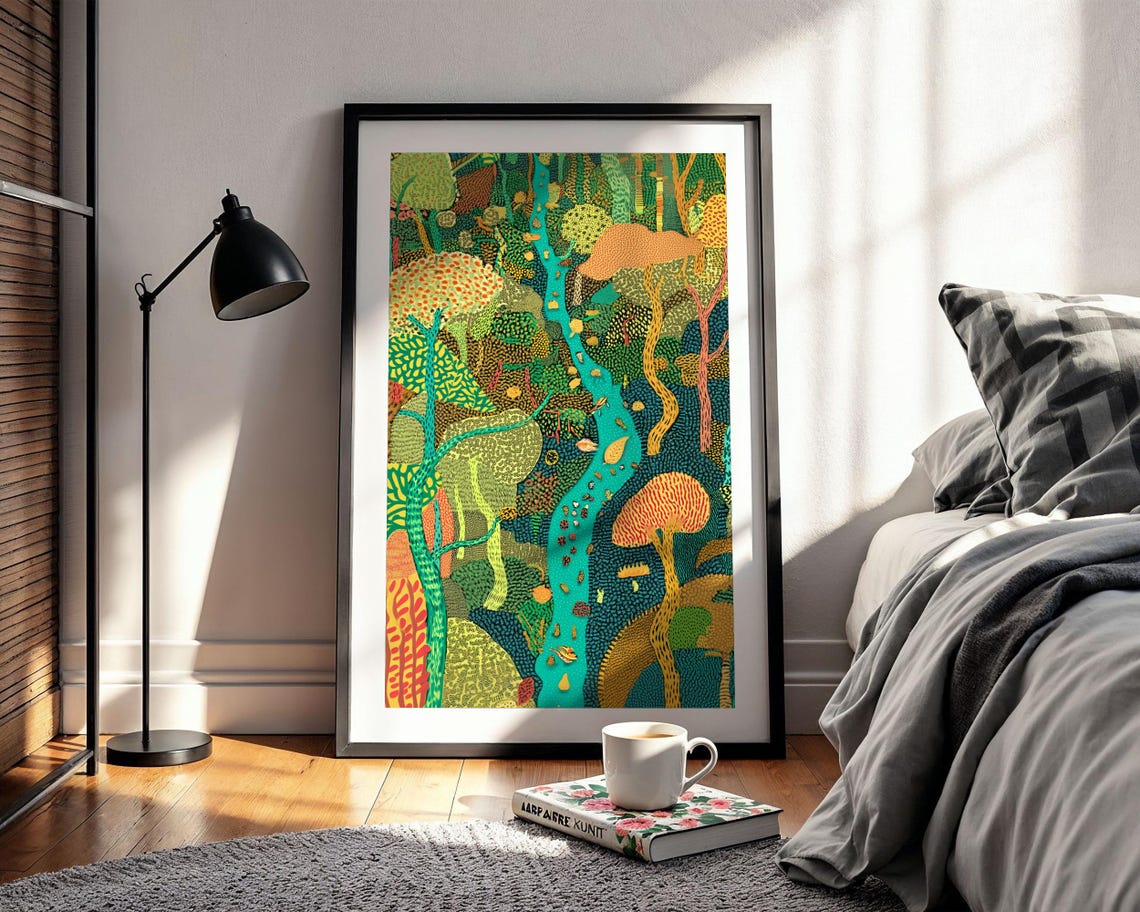 Dense Dotted Forest With Teal River Flowing Abstract Nature Poster - Image 2