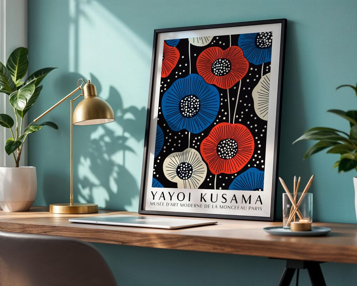 Yayoi Kusama Red and Blue Poppy Pattern on Black Museum Poster - Image 4