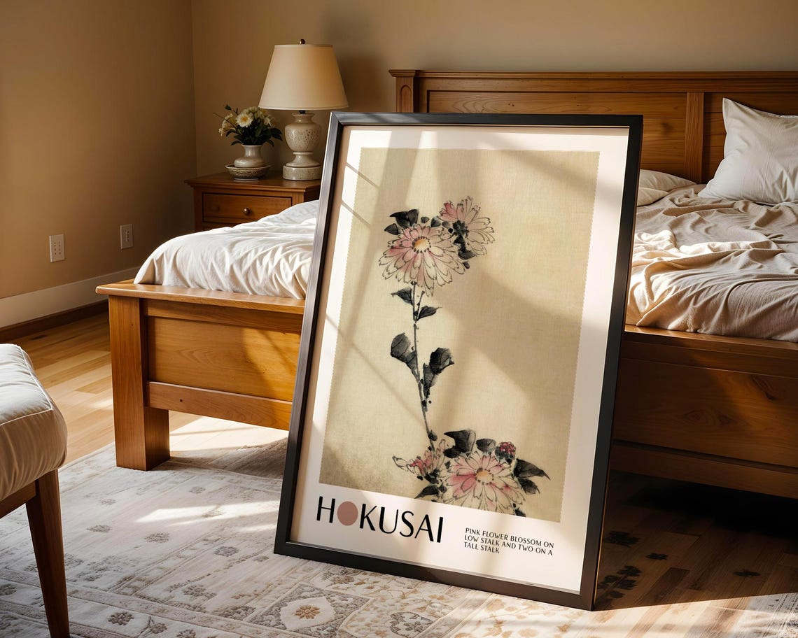 Katsushika Hokusai Print Pink Flower Blossom On Stalk Art Japanese Ukiyo E Art Vintage Japan Wall Decor Woodblock Style Japandi Print - Image 4
