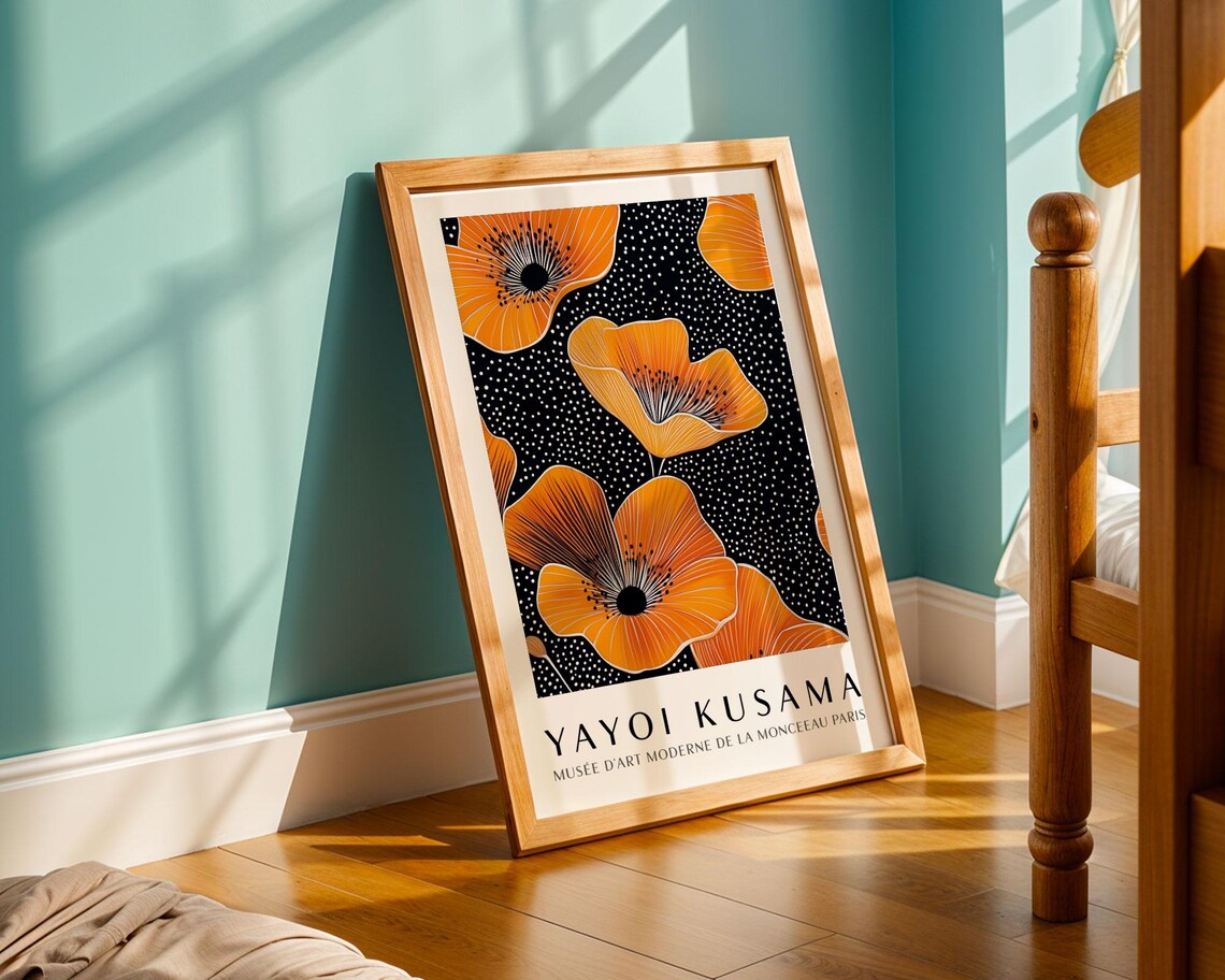 Yayoi Kusama Orange Poppy Flowers on Black Dotted Museum Poster - Image 5