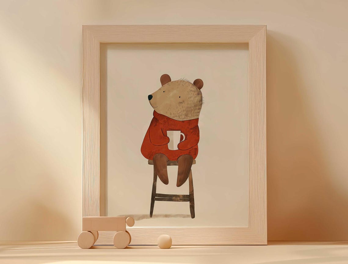 Cozy Little Bear In Red Sweater Sipping Warm Cocoa Nursery Poster