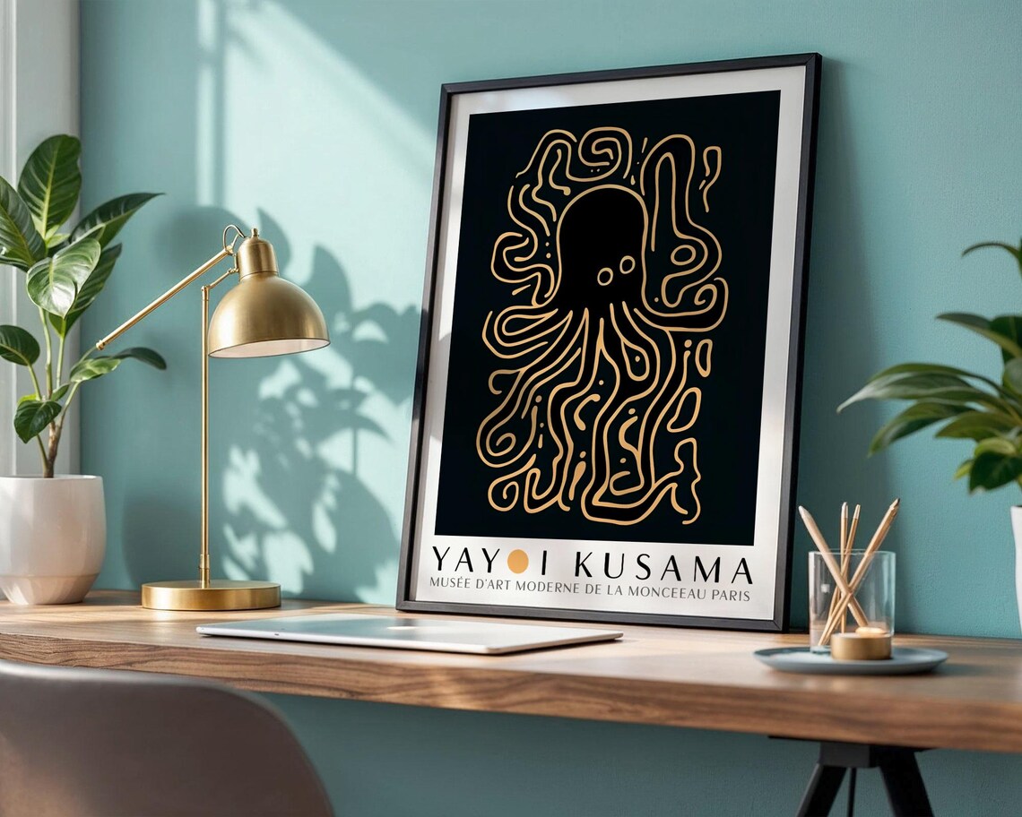 Golden Line Art Octopus With Tentacles On Black Kusama Museum Poster - Image 4