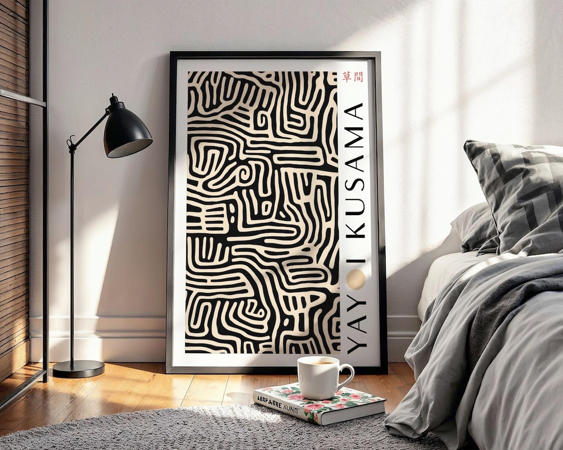 Black And Cream Intricate Maze Line Pattern Abstract Kusama Poster - Image 2