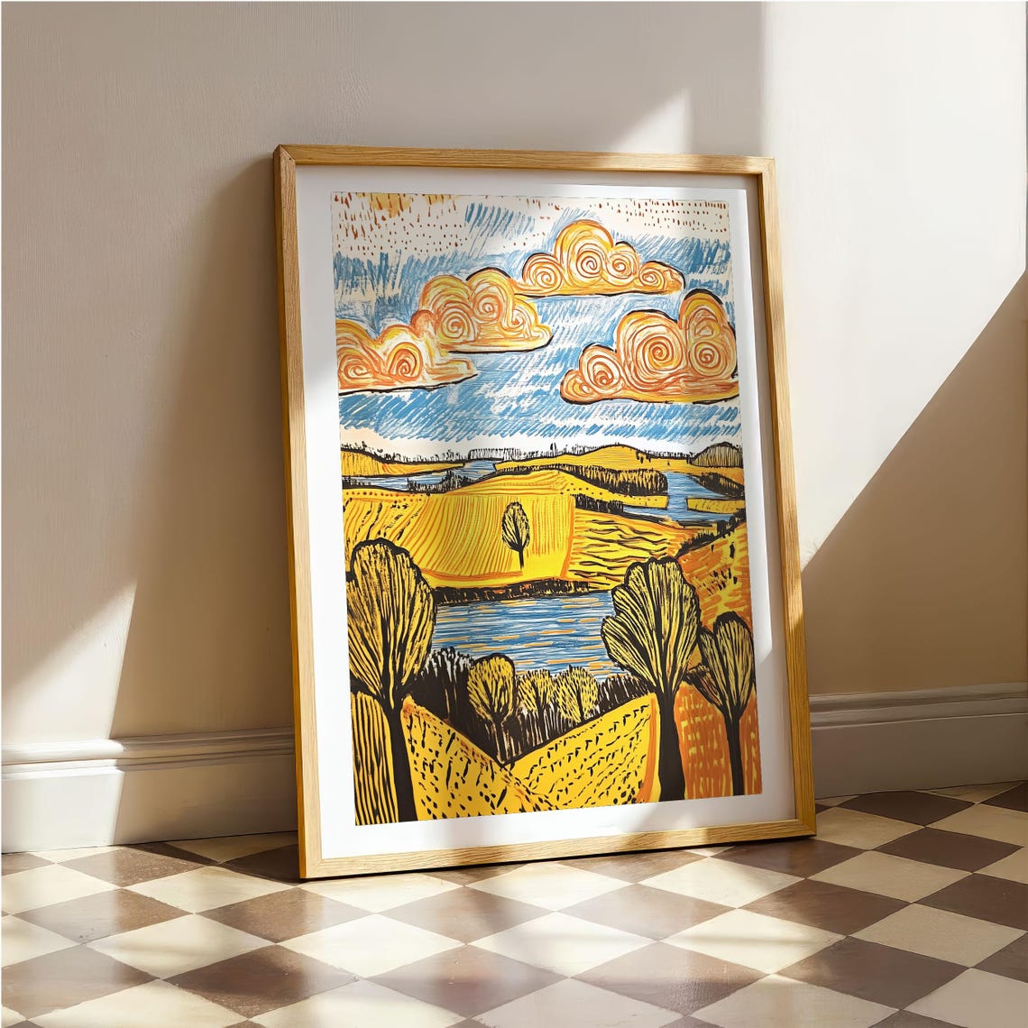 Golden Wheat Fields Blue River Swirling Clouds Landscape Poster