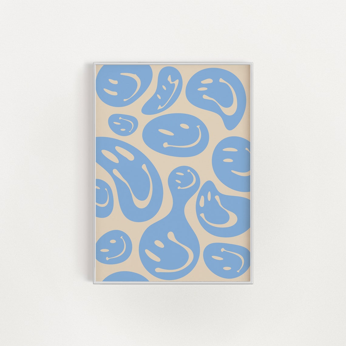 Melted Smiley Faces Light Blue Cream Groovy Retro Pattern Art Poster