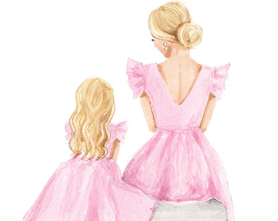 Blonde Mother and Daughter in Pink Ruffle Dresses Seated Poster