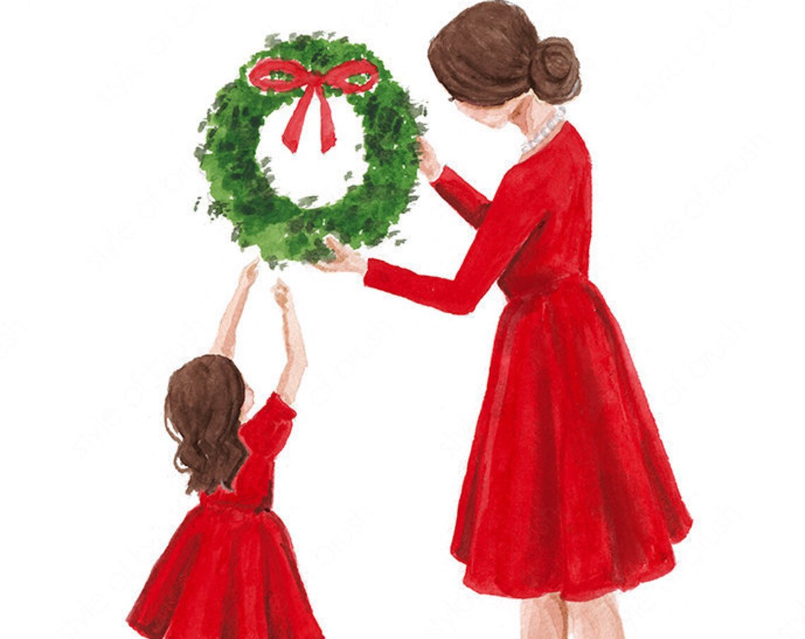 Mother and Daughter Hanging Christmas Wreath in Red Dresses Poster - Image 2