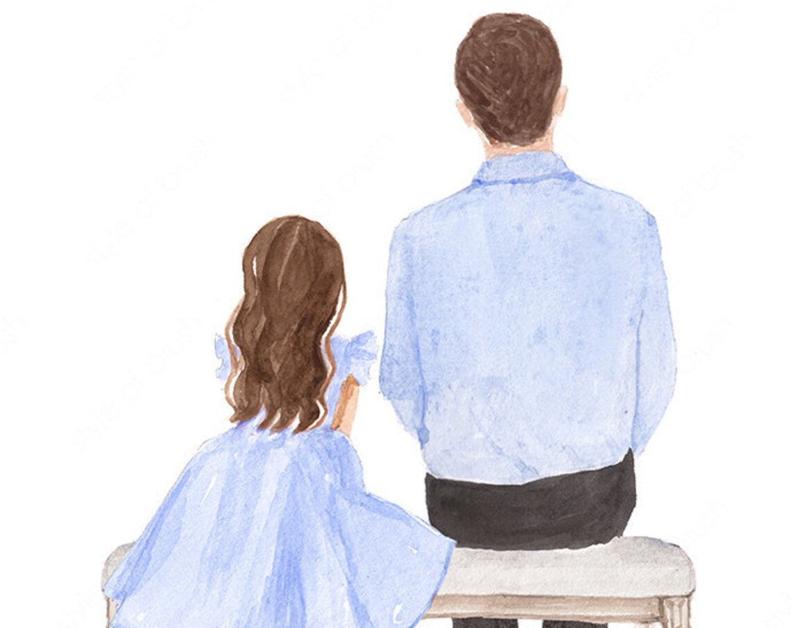 Father and Daughter in Blue Sitting Together on Bench Poster