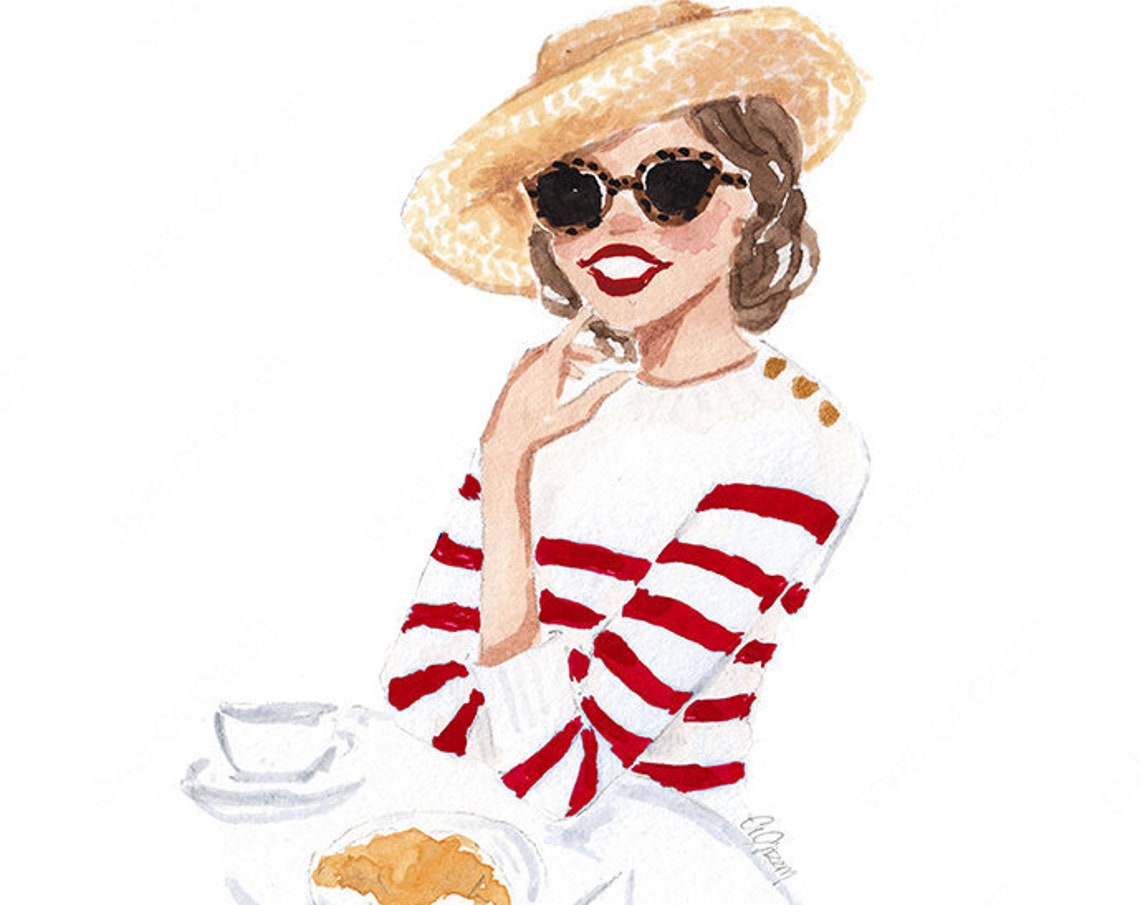 Parisian Cafe Girl in Striped Top and Straw Hat Watercolor Poster