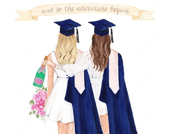 Best Friend Graduation Print Graduation Day Art Gift Bff Graduation Girl Fashion Illustration