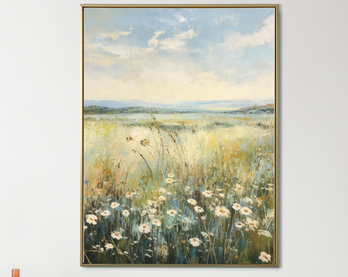Vintage Wildflower Field Landscape Oil Painting Vintage Farm House Summer Country Field Meadow Painting Art