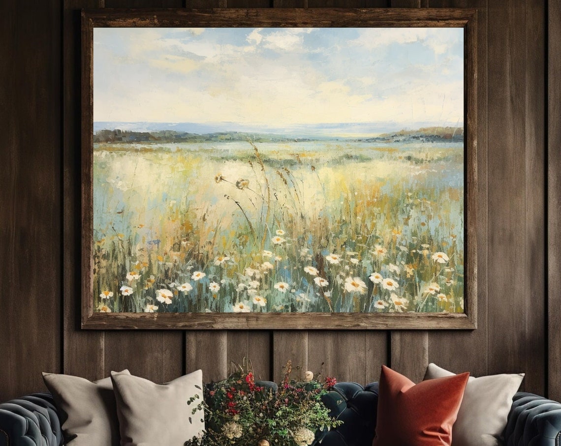 Vintage Wildflower Field Landscape Oil Painting Vintage Farm House Summer Country Field Meadow Painting Art - Image 3