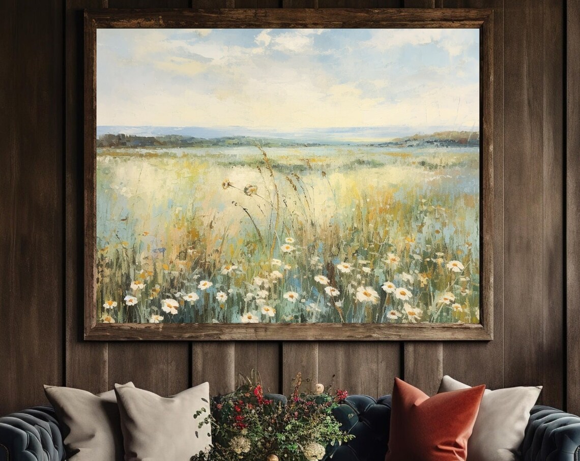 White Daisy Wildflower Field Soft Pastel Impressionist Meadow Scenery Poster - Image 3