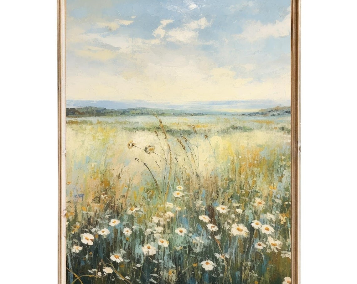 Vintage Wildflower Field Landscape Oil Painting Vintage Farm House Summer Country Field Meadow Painting Art - Image 5