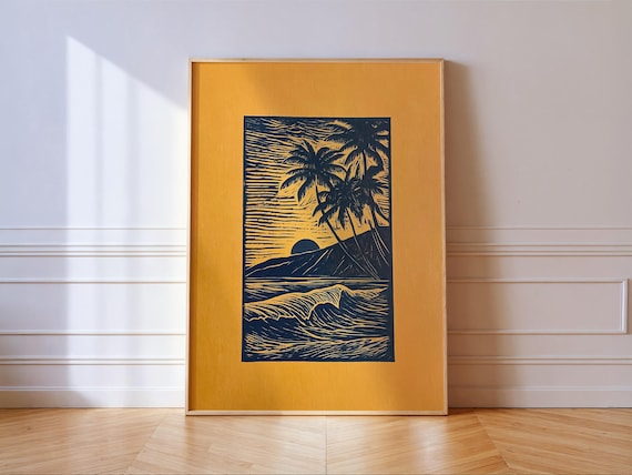 Navy and Gold Palm Sunset Ocean Wave Retro Linocut Style Poster