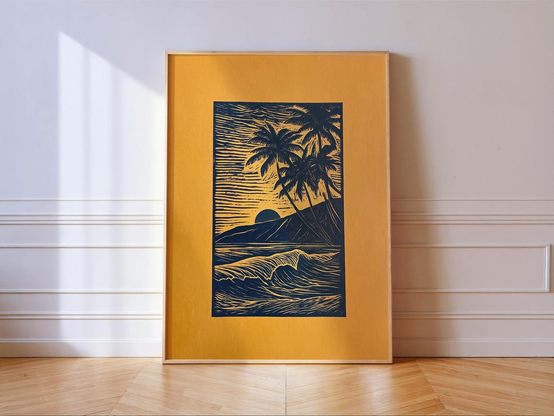 Navy and Gold Palm Sunset Ocean Wave Retro Linocut Style Poster