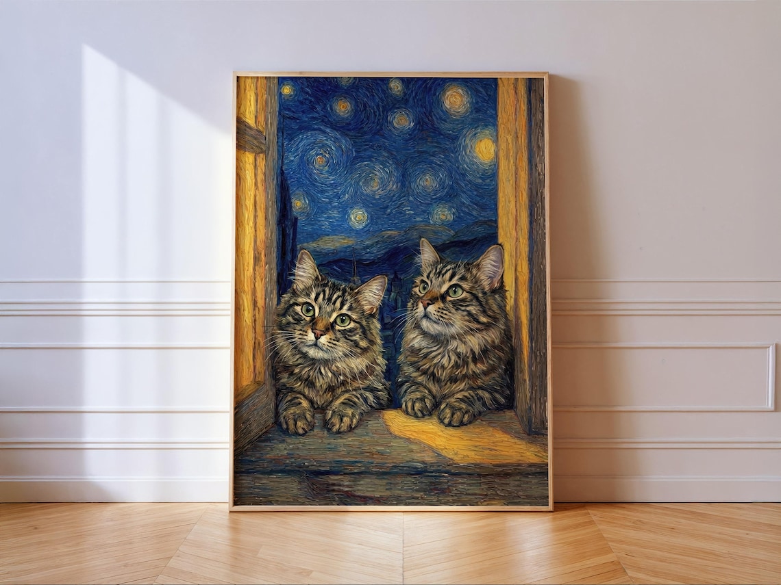Cats In Starry Night, Van Gogh Style