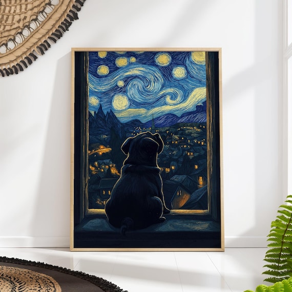Pug Starry Night Art Print, Van Gogh Celestial Dog Decor