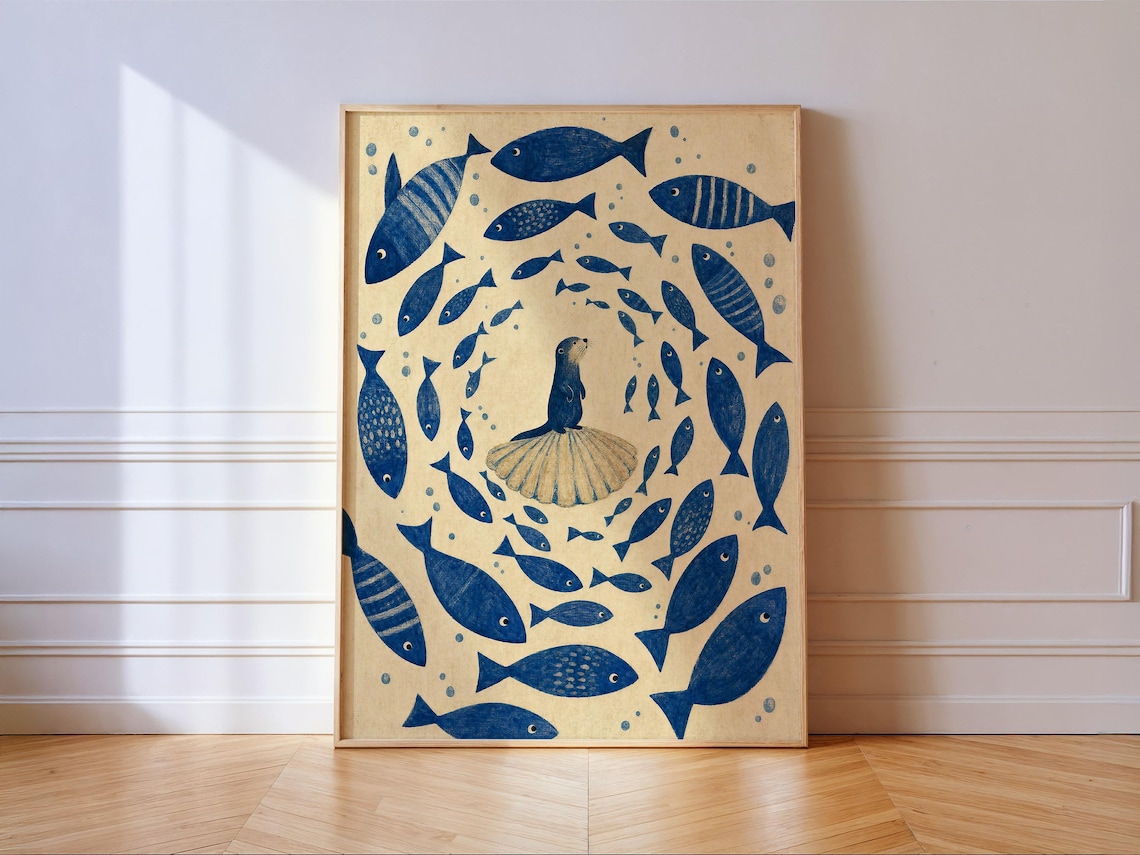 Otter On A Scallop Shell, Whimsical Folk Art Print