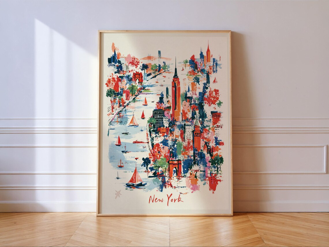 New York City Skyline Watercolor with Sailboats Travel Art Poster
