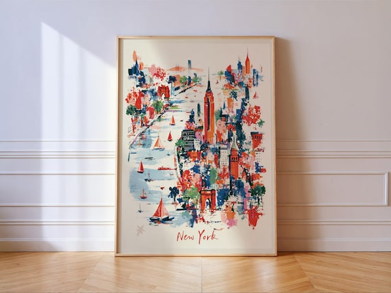 New York City Skyline With Sailboats Colorful Abstract Travel Poster Wall Art