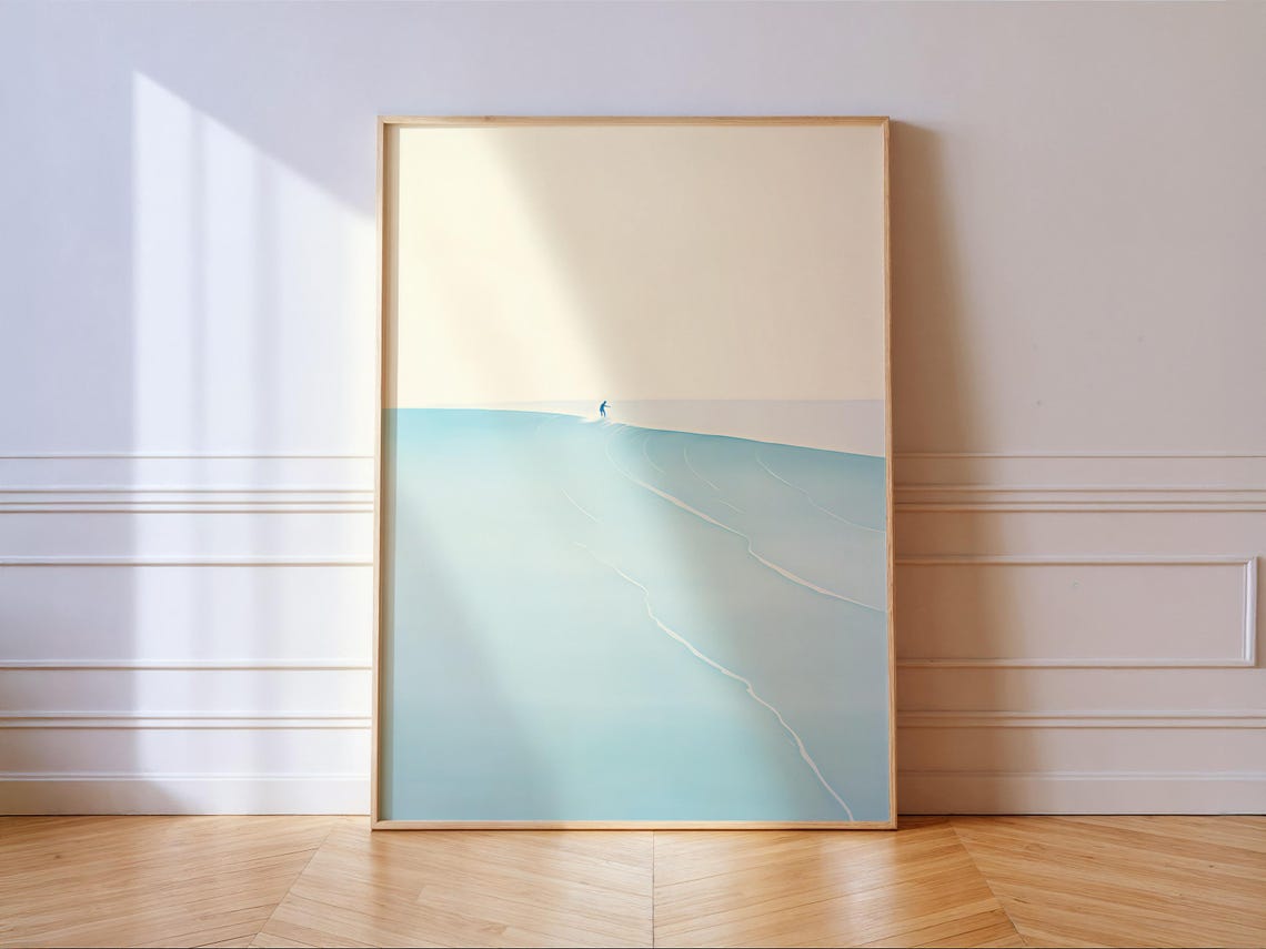 Minimalist Surfing Print Pastel Blue Coastal Wall Art