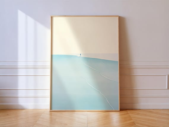 Minimalist Pastel Blue Surfer Riding Wave Coastal Ocean Art Poster
