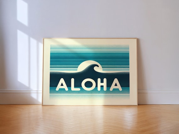 Tropical Hawaii Surf Wave Retro Aloha Sunset Beach Travel Poster