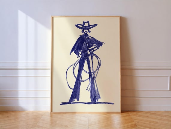 Blue Cowgirl Sketch Print Minimal Western Wall Art