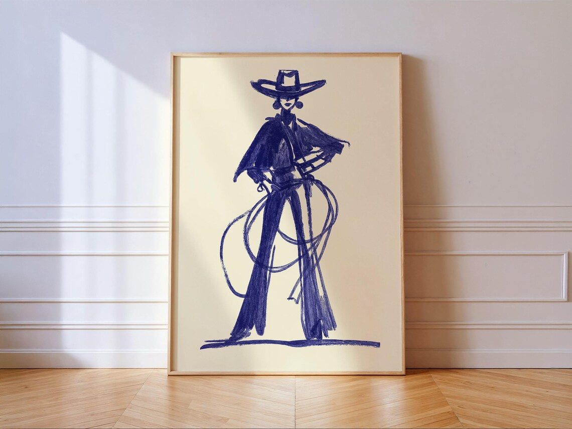 Blue Ink Cowgirl Lasso Sketch Minimal Western Fashion Style Poster