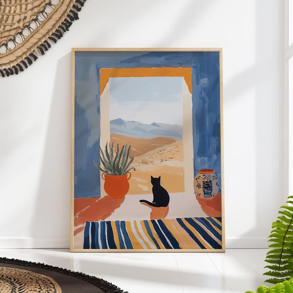 Black Cat at Desert Window Colorful Matisse Mediterranean Art Print