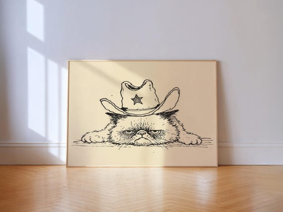 Grumpy Cowboy Cat Sheriff Wry Blackink Line Art Print For Rustic Western Decor