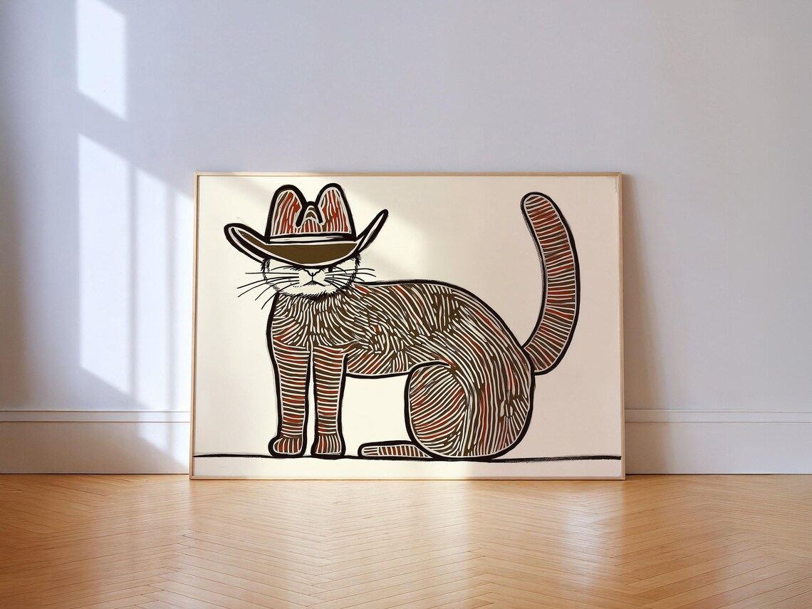 Cat Wearing Cowboy Hat Line Art Poster Boho Western Striped Feline Wall Decor