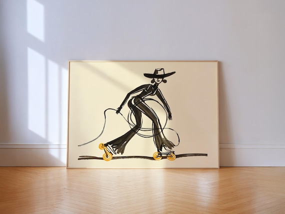 Roller Skating Cowgirl Print Playful Modern Western Line Art